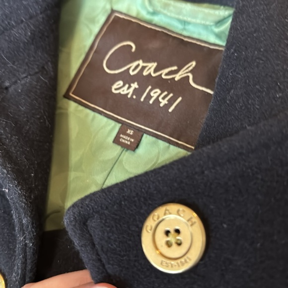 Coach:Black Wool/Angora/Nylon Blend Green Signature Lining Gold button Pea Coat - Picture 4 of 15